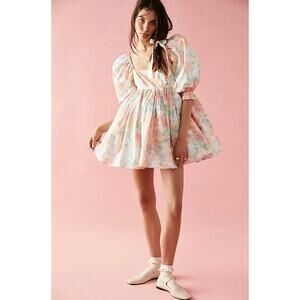 Selkie Grapefruit Floral Watercolor Cottage Puuff Babydoll Mini Dress Size 2X